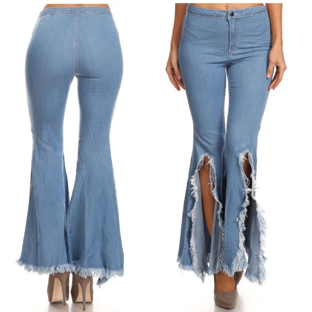 Vintage Flared Slit Bell Bottom Jeans Hippie Denim Pants - Picture 5 of 6
